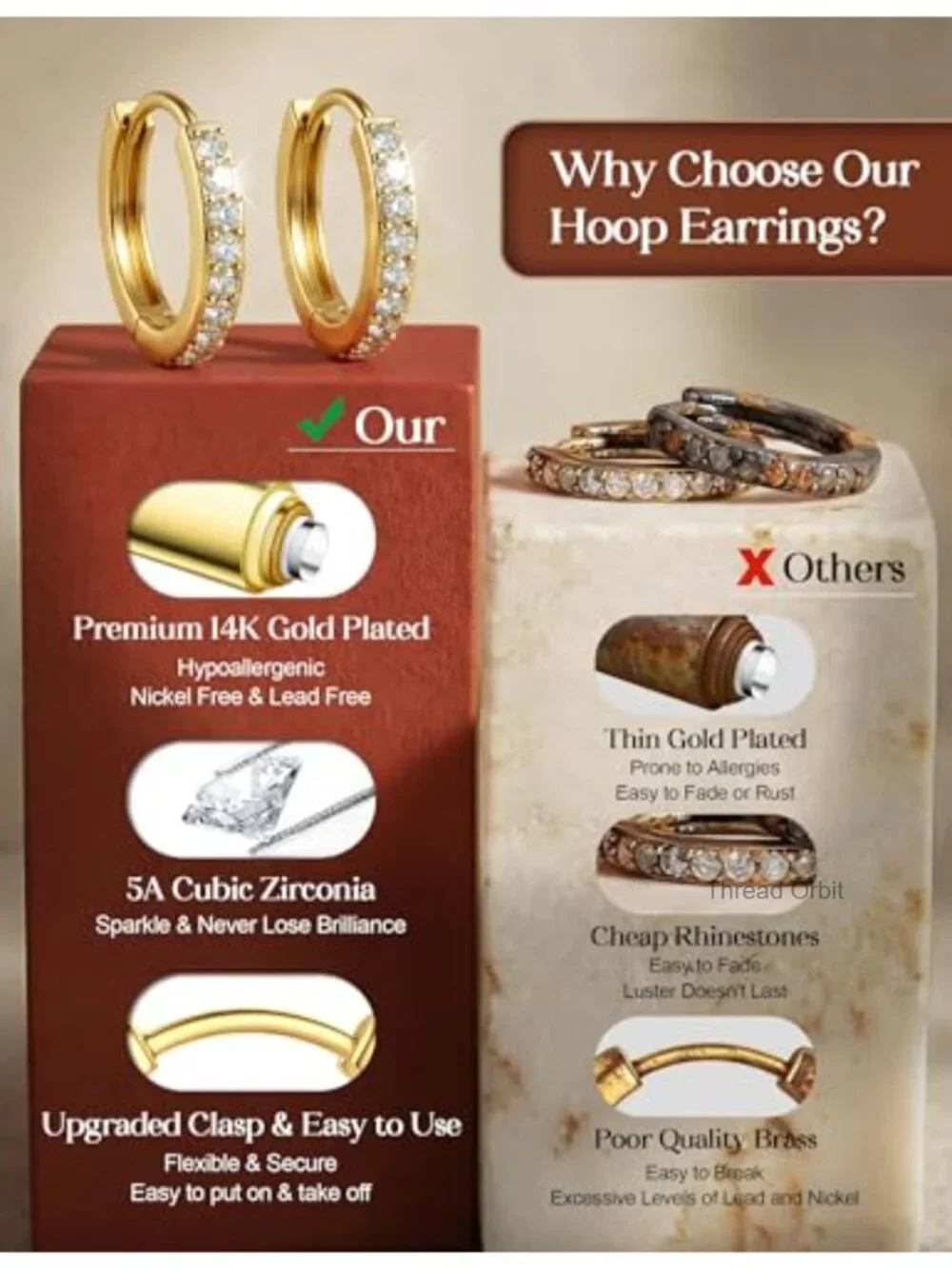 5 Pair Gold Hoop Earrings Set Hypoallergenic Huggies for Sensitive Ears 14K